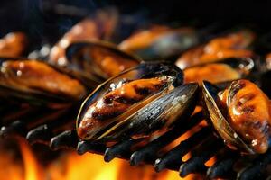 Mussels grilled on a barbecue on a dark background. Generative AI technology. photo