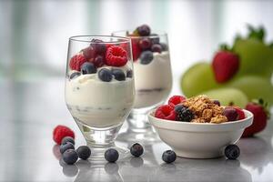 Yoghurts with fruit on a white table. Healthy breakfast. Proper nutrition. Healthy food. Generative AI technology photo