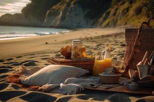 Picnic on the beach. Generative AI technology. photo