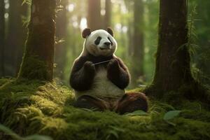 Panda in the forest. Generative AI technology. photo