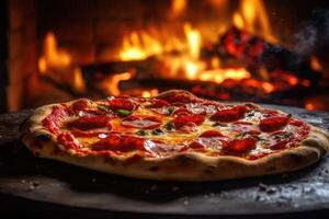 Pizza on a black background. technology. photo