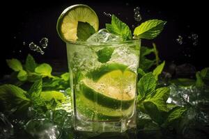 mojito cóctel con hielo en un negro antecedentes. generativo ai tecnología. foto