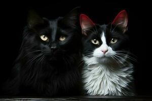 ai generativo dos negro y blanco gatos sentado juntos foto