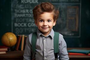 a young boy posing in front of chalkboard with back to school concept photo