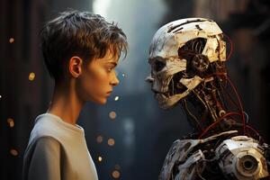 human and robot cyborg against of each other , Artificial intelligence concept photo