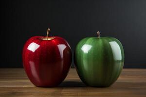 Red and green apples with water drops on wooden table against black background photo