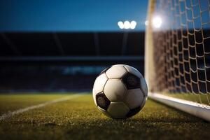 Soccer ball on the green grass and goal net in football stadium photo