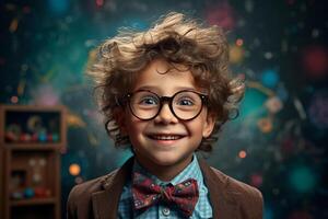 a young boy posing in front of chalkboard with back to school concept photo