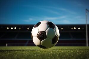 Soccer ball on the green grass and goal net in football stadium photo