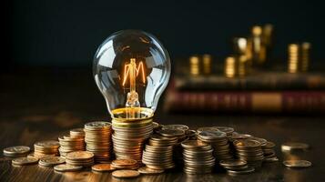 AI Generative Rising energy cost concept. Light bulb on top of a stack of currency photo