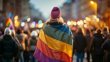 protesters holding Rainbow color Flag photo