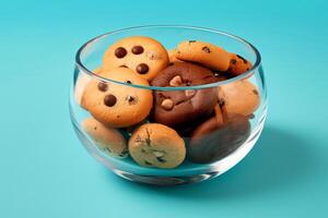 A glass bowl filled with chocolate chip cookies on a solid color background. photo