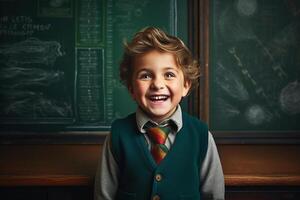 a young boy posing in front of chalkboard with back to school concept photo