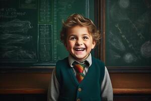 AI Generative a young boy posing in front of chalkboard with back to school concept photo