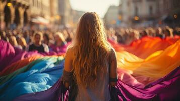 protesters holding Rainbow color Flag photo