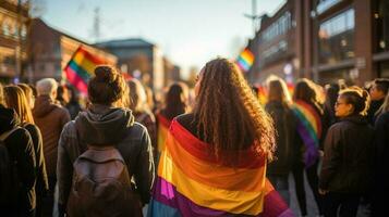 protesters holding Rainbow color Flag photo