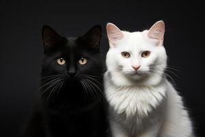 ai generativo dos negro y blanco gatos sentado juntos foto