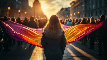 protesters holding Rainbow color Flag photo