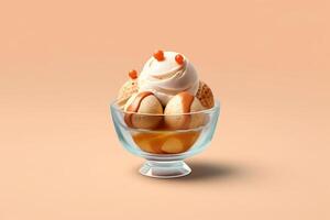 AI Generativeice cream in a glass bowl on solid color background photo