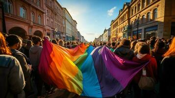 protesters holding Rainbow color Flag photo