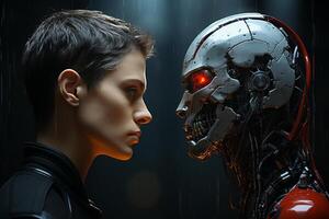 human and robot cyborg against of each other , Artificial intelligence concept photo