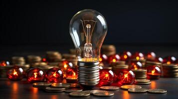 Rising energy cost concept. Light bulb on top of a stack of currency photo