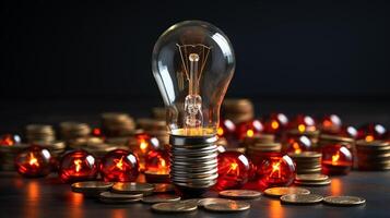 AI Generative Rising energy cost concept. Light bulb on top of a stack of currency photo