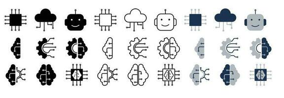 AI icon set. Artificial intelligent icon set in line style, filled and duotone style. vector