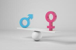 Gender equality concept. Male and female symbol on the scales with balance on blue background. Girl or Boy minimal style, 3d render. photo