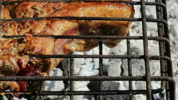 Prozess von Kochen Fleisch im Gitter auf Feuer schließen oben video