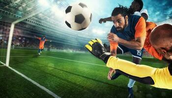Football action with the attacker contrasted by the defenders trying to do goal at the goalkeeper photo