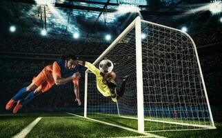 Football action in attack with striker trying to score at the goalkeeper photo
