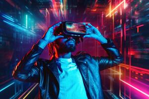 Man with VR glasses watches a 3D scene. photo