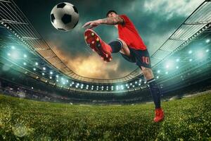 Football scene at night match with player kicking the ball with power photo