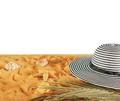 female hat on a golden sand at the tropical beach photo