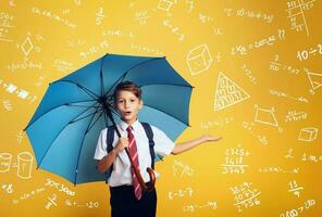 niño estudiante con azul paraguas cubrir él mismo desde un lluvia de matemáticas y álgebra ejercicios foto
