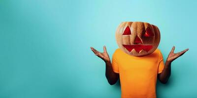 Man with pumpkin instead of head. concept of halloween festivity photo