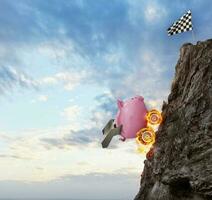 Piggy bank with wheel like a car wants to reach the flag. Concept of fast increse of money.cyan background photo