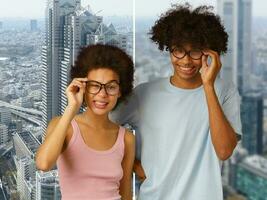 Funny couple has vision problem with the glasses photo