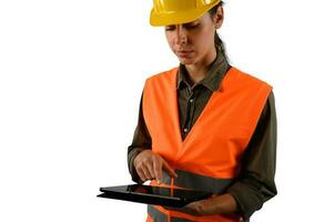 woman with helmet who work in a warehouse photo