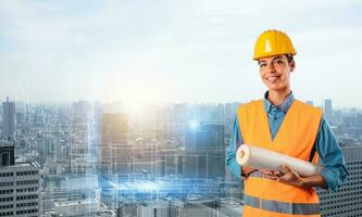 Woman architect holds a project of a building photo