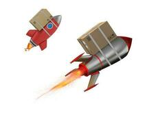 Carton box flies fast with rocket. concept of express and priority delivery. 3d render photo