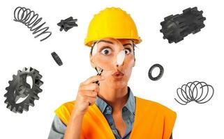 Amazed woman worker with helmet and magnifier photo