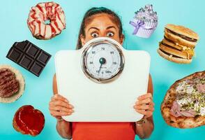 Woman is afraid of weight measurement with scale photo