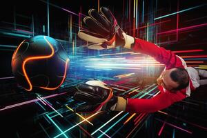 Football scene with soccer goalkeeper on futuristic digital background. Generative AI photo