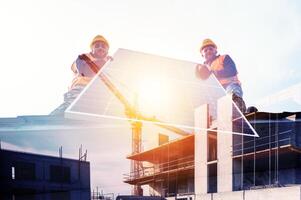 calificado trabajadores durante el instalación de fotovoltaica sistemas generativo ai foto