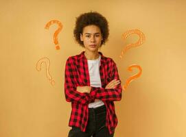 Thoughtful serious woman having doubts about something photo