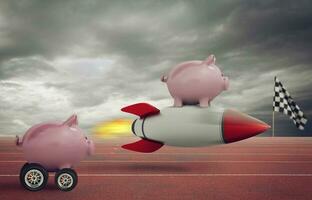 Piggy bank fly on a rocket and wins against competitors. Concept of fast increase of money. photo
