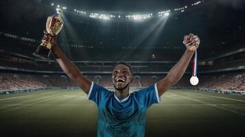 Soccer player in blue uniform rejoices for the victory of a trophy at the stadium. Generative AI photo