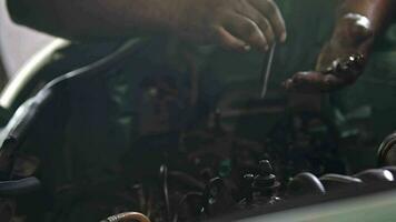 Car Engine Repairs With Tools In Service At Workshop By Craftsmen video